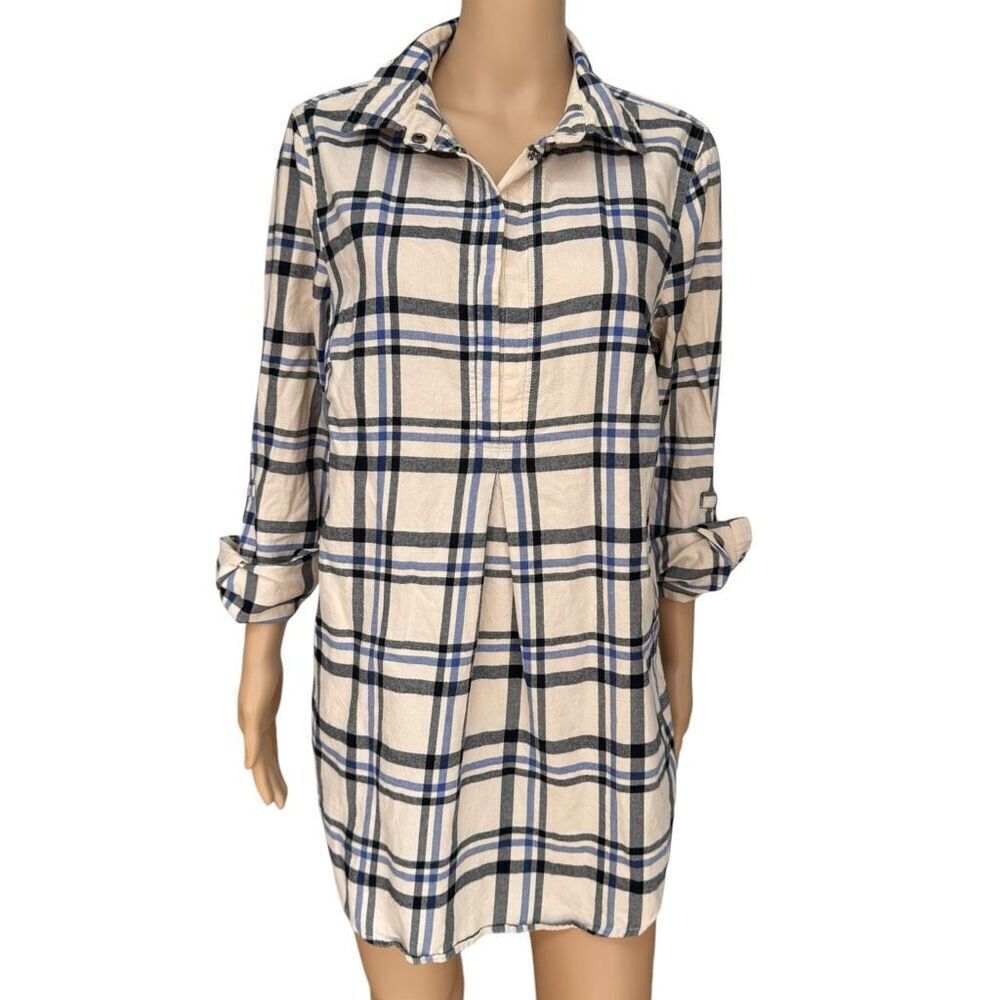 Tyler Boe 100% Cotton Flannel Half-Button Shirt Cream Black Blue Plaid size L